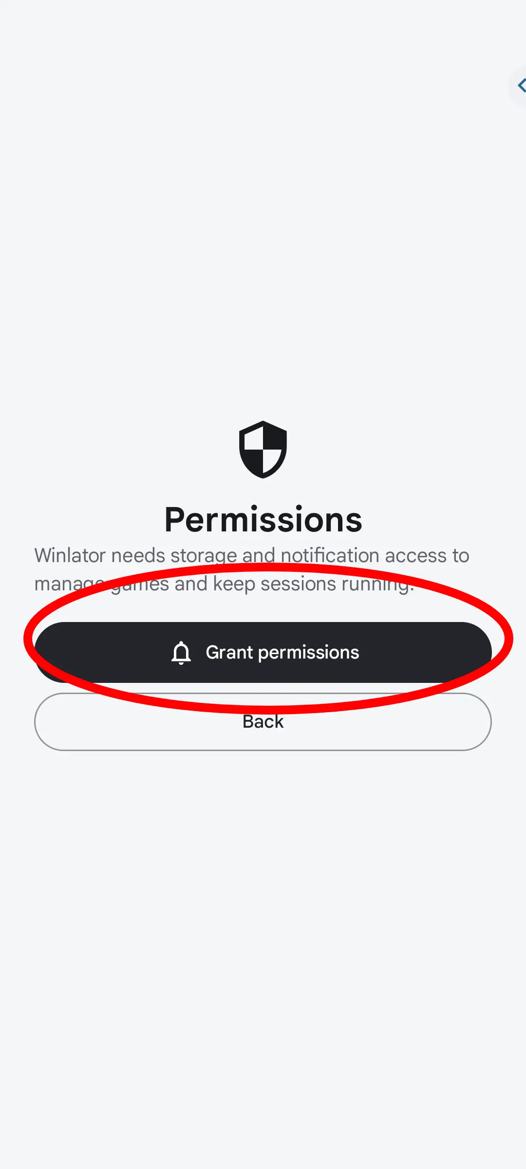 Storage and notification permission options in Winlator Ludashi